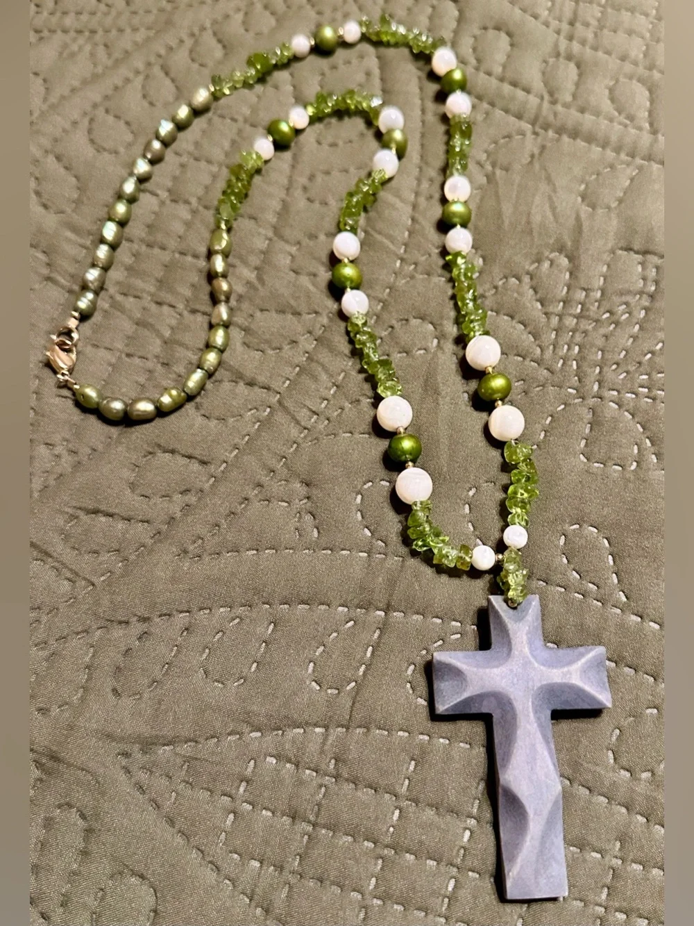 Green Beaded Cross Pendant Necklace